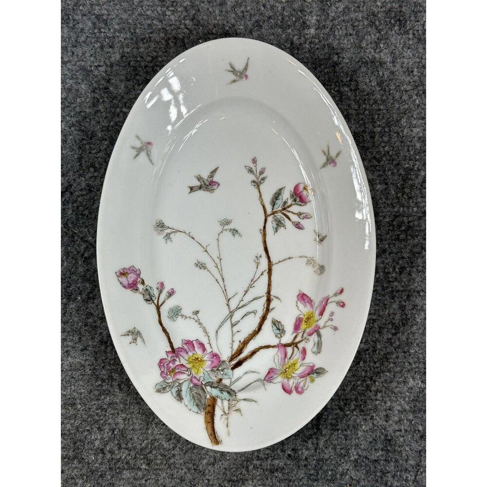 Antique Plate‎ Birds Trees Peon Cherry Blossoms Blue Pink Foliage Art Nouveau